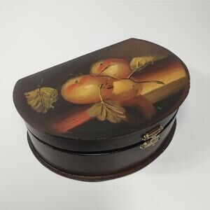 Hand Painted Wooden Box Peach Stone Fruit VTG Latching Padded Cloth Interior